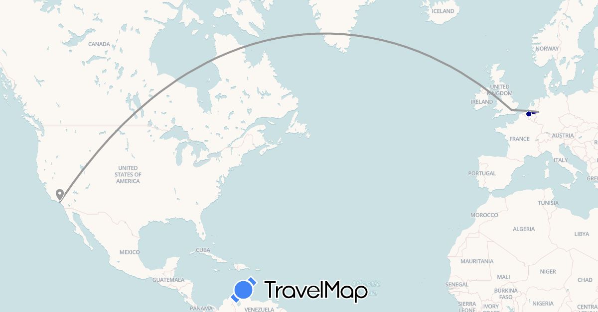 TravelMap itinerary: driving, plane in Belgium, Germany, United Kingdom, United States (Europe, North America)